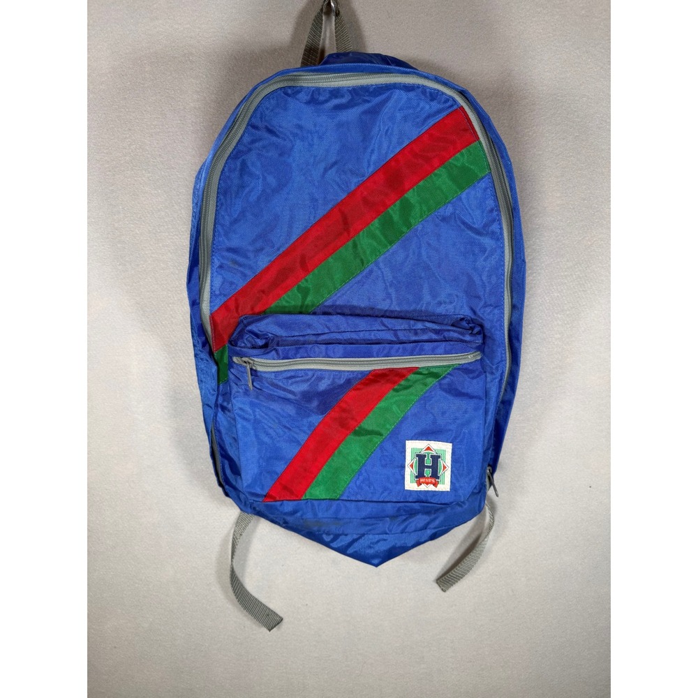 VTG Hesss Department Store Backpack Blue Red Green Stripe Nylon Daypack Retro